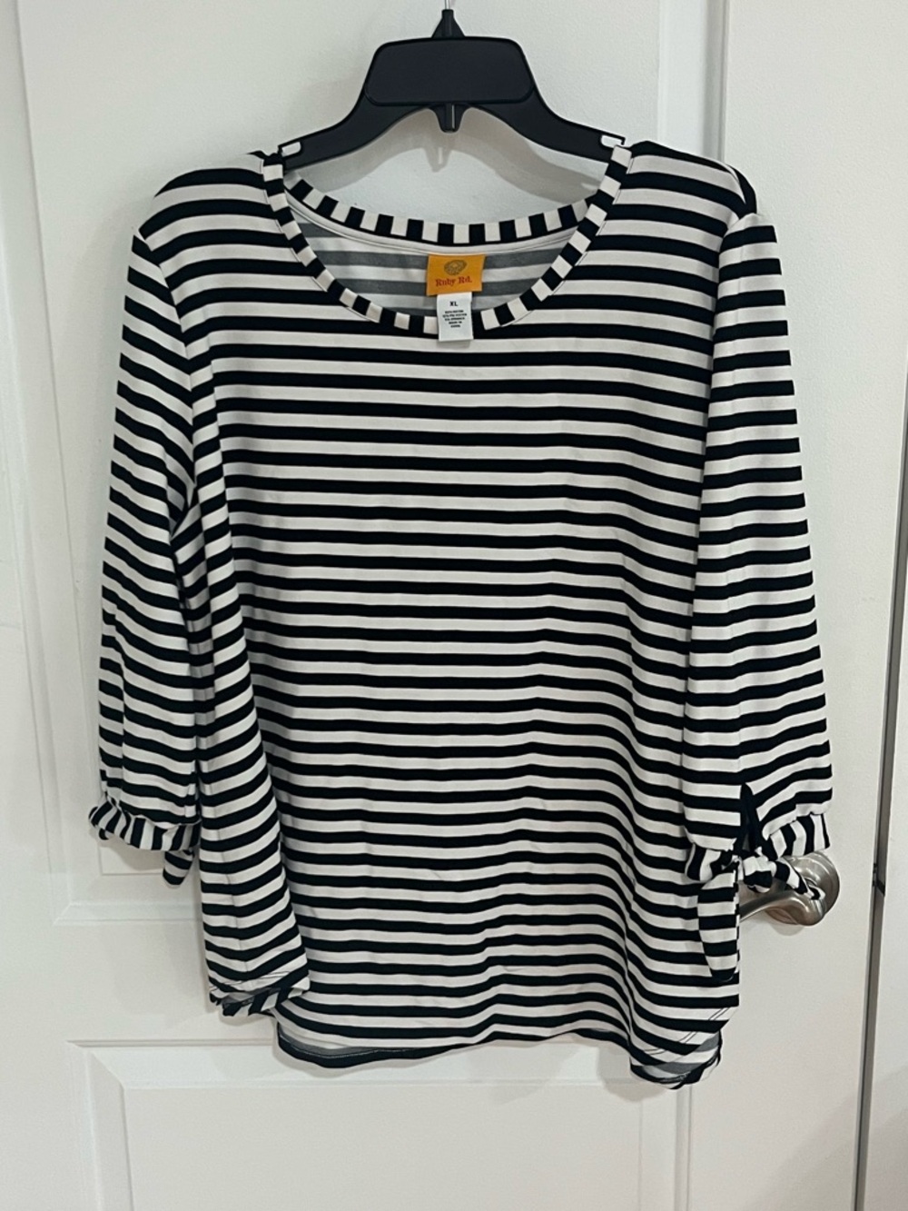 Ruby Rd. Black & White Striped Tie-Sleeve Long Sleeve Top
